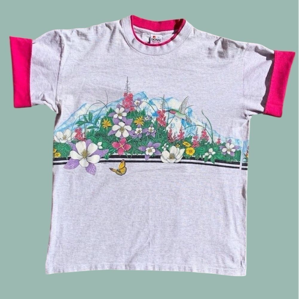 Hummingbird Flowers Habitat 1991 Signal Roll Sleeve Wrap Around T-Shirt (XL)